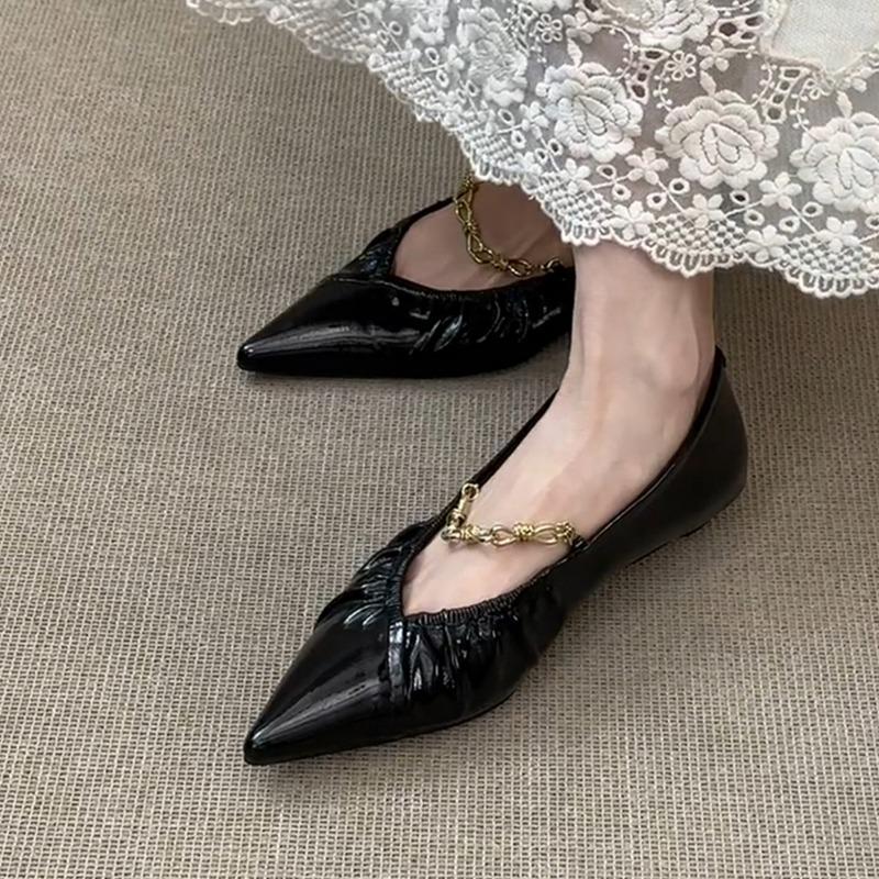 Sheepskin version pointed shoes pleated flat bottom beautiful single shoes women's metal chain temperament Mary Jane grandma shoes