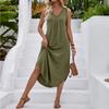 Women's Fashionable Color V-neck Sleeveless Vest Dress With Pleated A-line Beach Pocket Dress