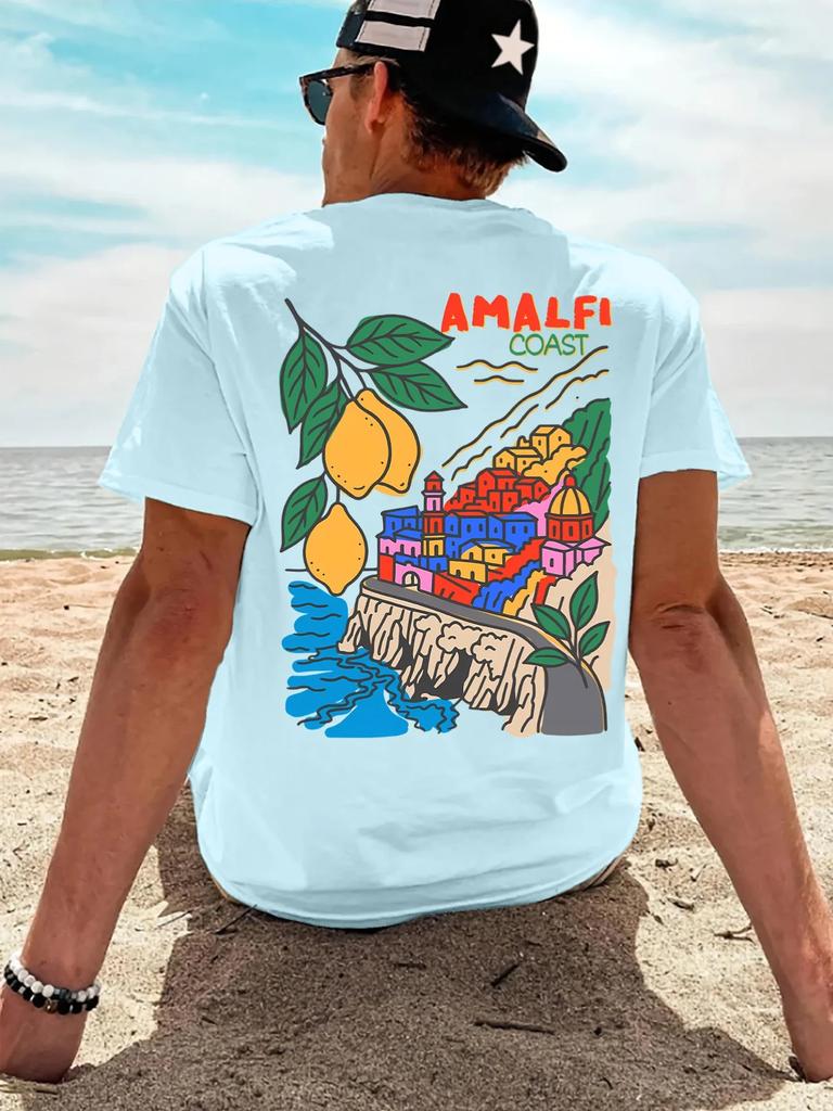 Plus Size Unisexs 100 Cotton Tshirt Mediterranean Scenery Travel Souvenir Summer Crew Neck Casual Top