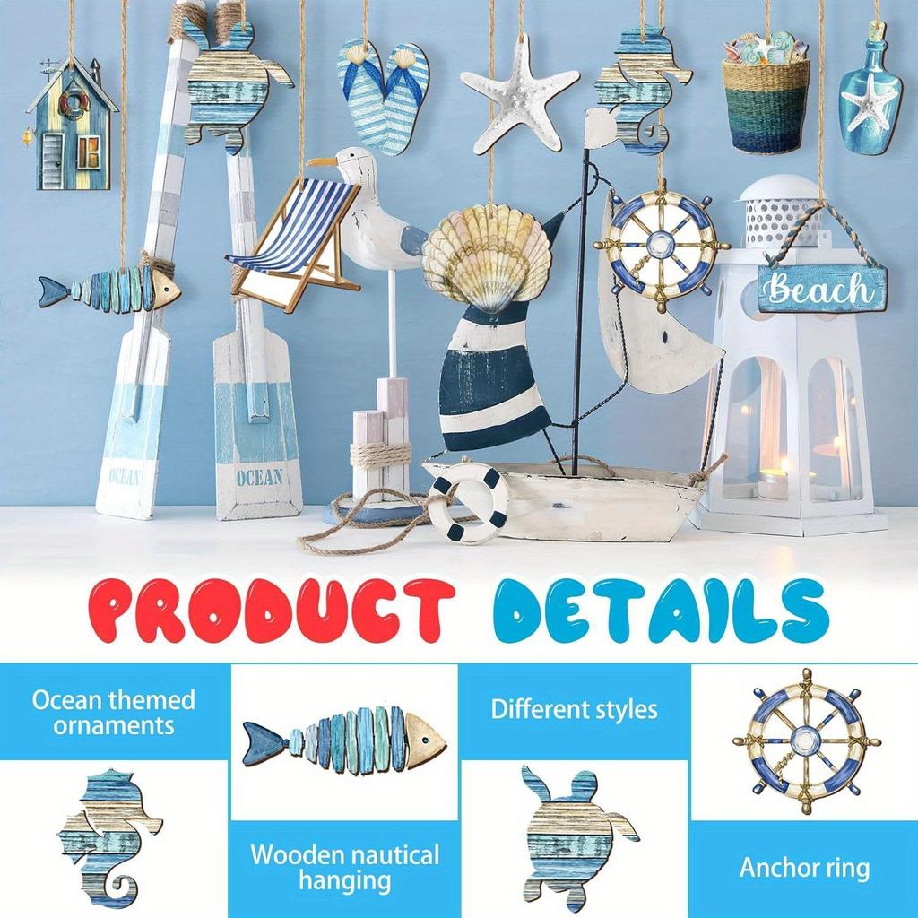 1/12/24/36pcs Summer Beach & Ocean Wooden Ornaments Set - Coastal Hanging Decor with Sea Animals for Home, Tree Parties & More
