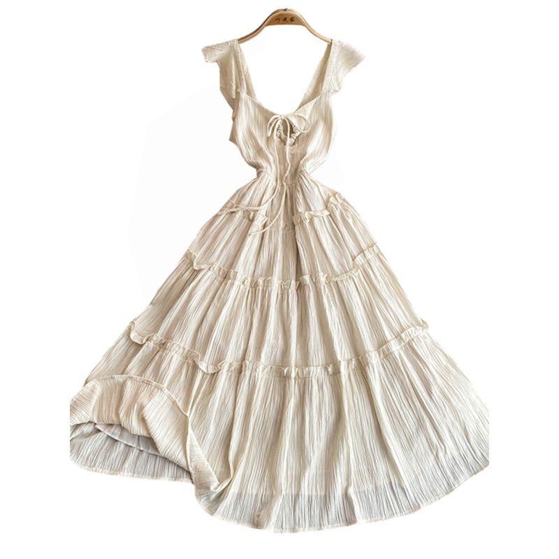 Bohemia Seaside Holiday Beach Skirt with Wooden Ear Patchwork A- line Dress Fancy Square Collar Lace up Dress