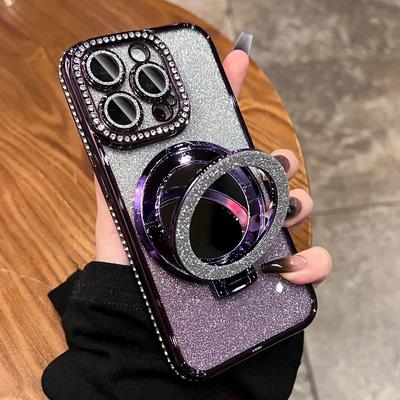 Placcatura Magnetica Glitter Diamante Specchio Con Supporto Custodia per iPhone 16 15 Pro Max 16 Plus 5G Staffa Copertura Colore Magnetico