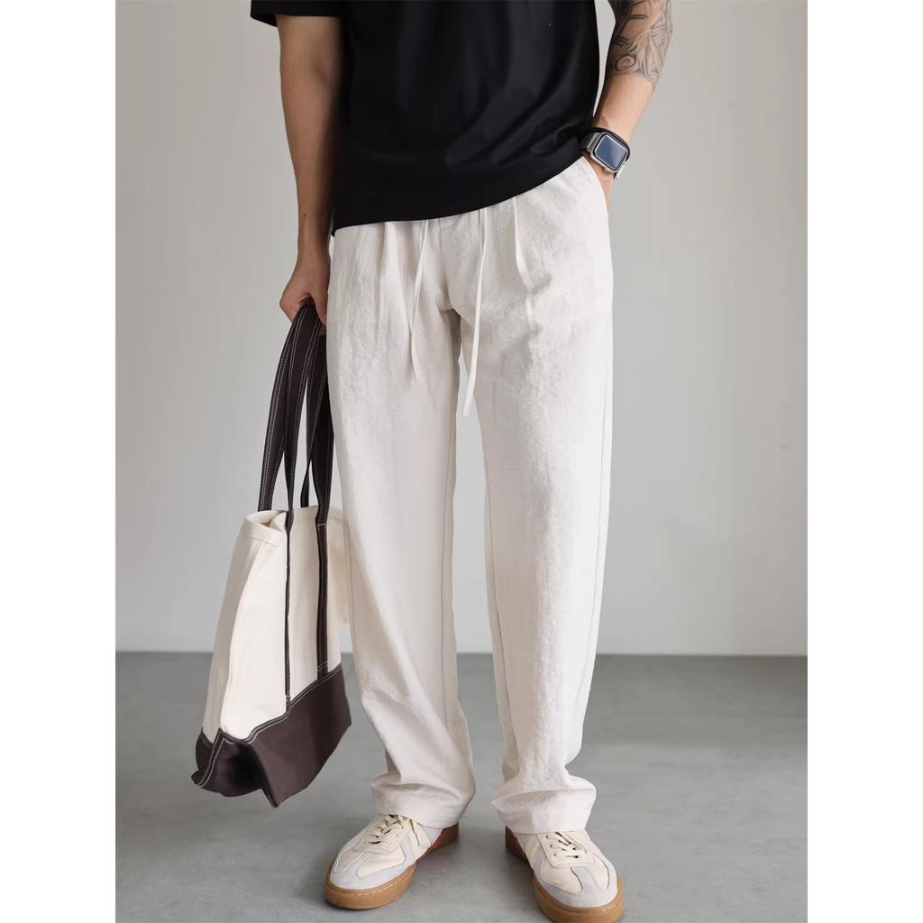 Ice silk linen trousers non-wrinkled elastic waist mopping wide-leg trousers men's polyester imitation linen process
