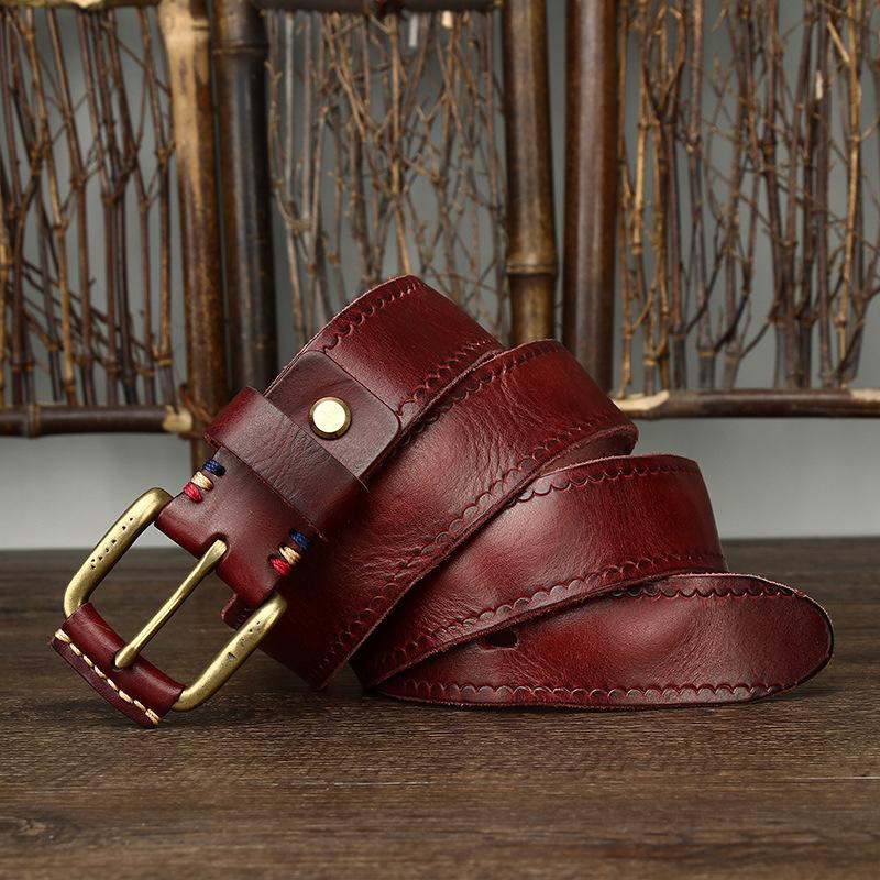 Retro Fashion Versatile Leather Belt Men'S Pure Cowhide Copper Buckle Old Pleated Denim Belt