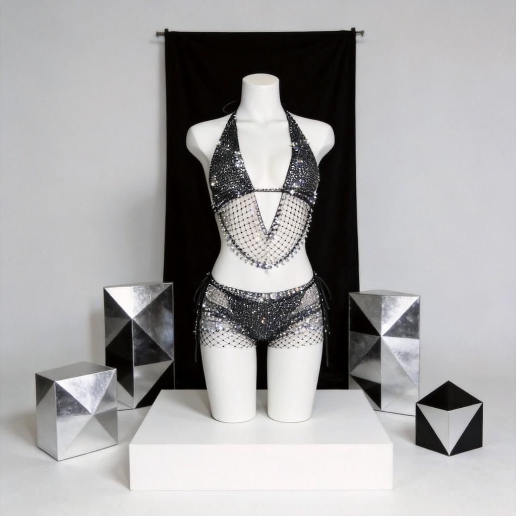 Geometric Pattern Sleeveless Mini Skirt Set With Glittering Mesh Top For Party Performance