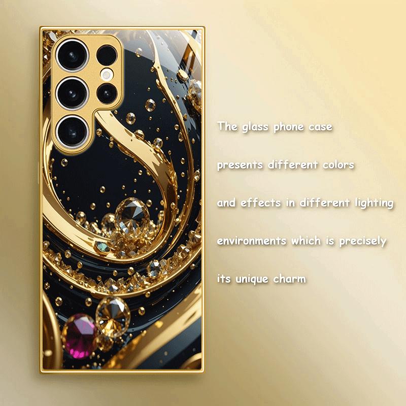 Gold-plated tempered glass phone case compatible Galaxy S26 S25 S24 S23 S22 Ultra Plus. Features a streamlined gold design.