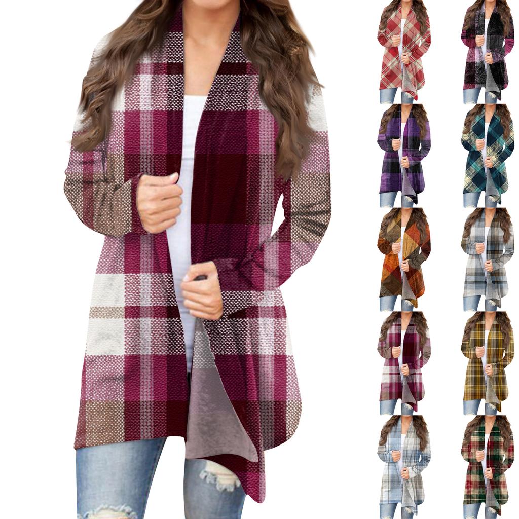 Women's Casual Fashion Plaid Print Half-open Collar Mid-length Irregular Hem Cardigan Jacket