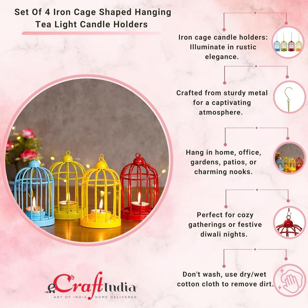 Set de 4 Suporturi suspendate pentru lumânări tip pastilă în formă de cușcă de fier | Suport pentru lumânări tip pastilă | Suporturi pentru lumânări tip T | Articole de decorațiuni pentru Diwali Crăciun