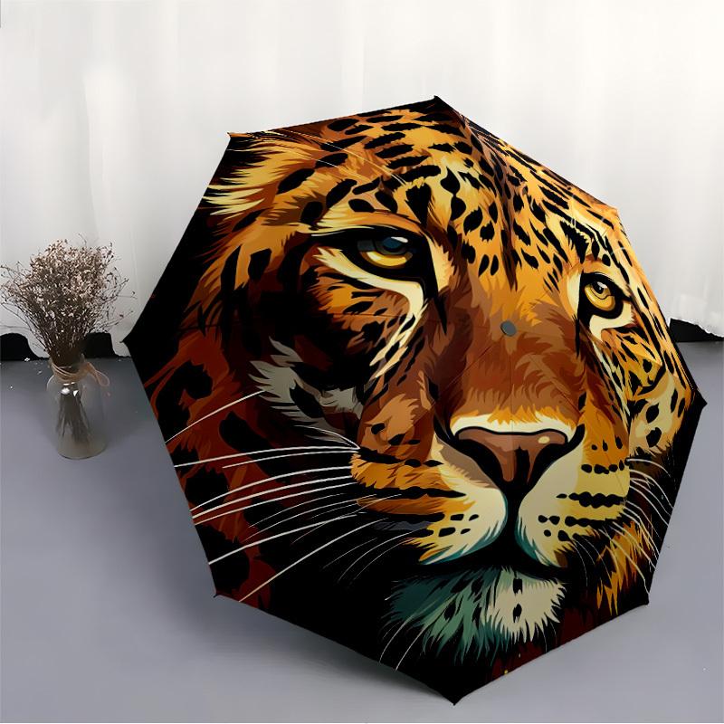 1pc Leopard Print Automatic Folding Umbrella - Compact 8-Rib Design, Durable Plastic & Iron, Lightweight for Outdoor Daily Use