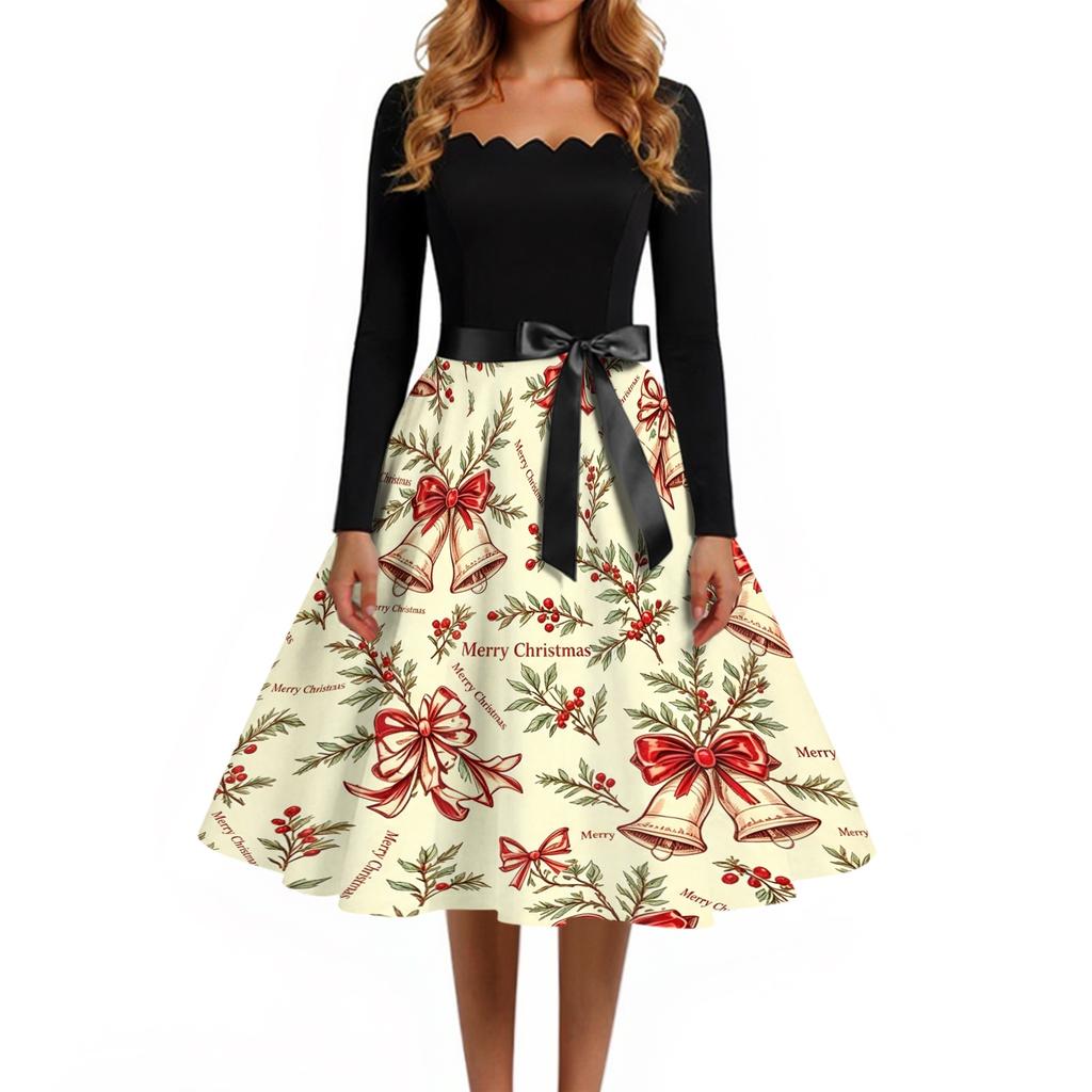 Women's Casual Vintage Dress with Square Neck and Christmas Print for Holiday Party