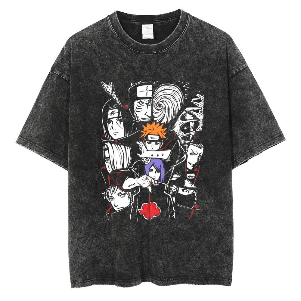 Sommer Kurzarm Baumwolle Herren Damen Streetwear Vintage Schwarz Gewaschenes T-Shirt Harajuku Anime Naruto Print T-Shirt Lockere Oberteile T-Shirts