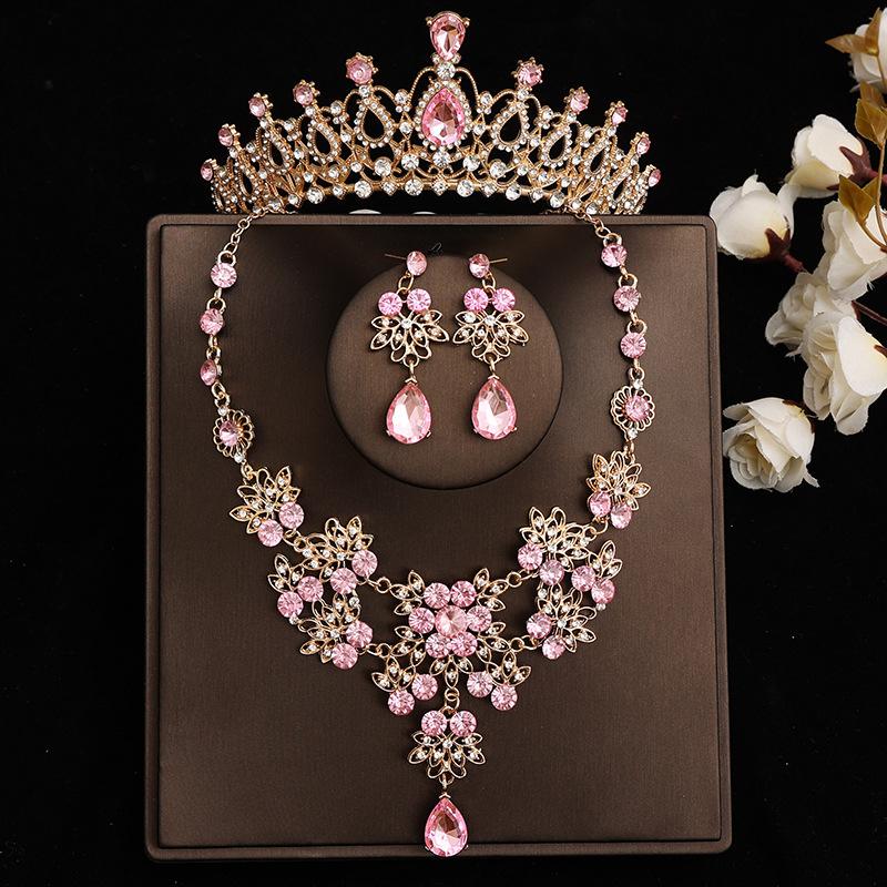 Pink Bridal Crown Three Piece Suit Wedding Crown Tiara Necklace Earrings Korean Super Fairy Wedding Dress Accessories