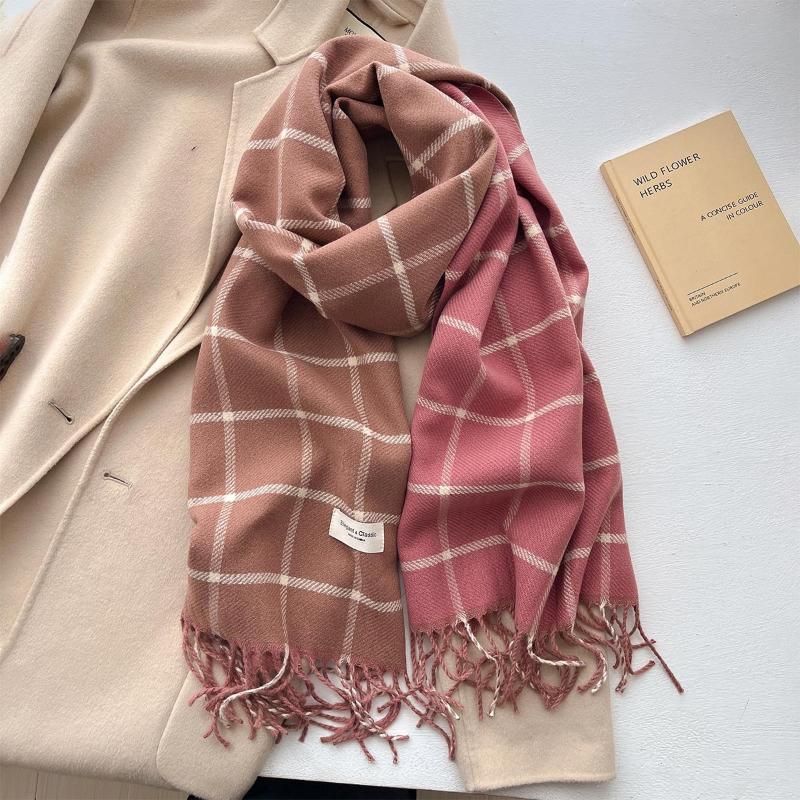Checkered Imitation Cashmere Warm and Tassel Simple and Luxurious Style Scarf for Autumn and Winter