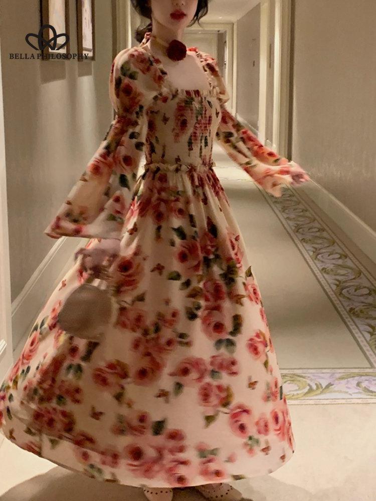 French Vintage Midi Dress Women Long Sleeve Casual Party Elegant Dress Blue Spring Beach One Piece Dress Korean Fashion