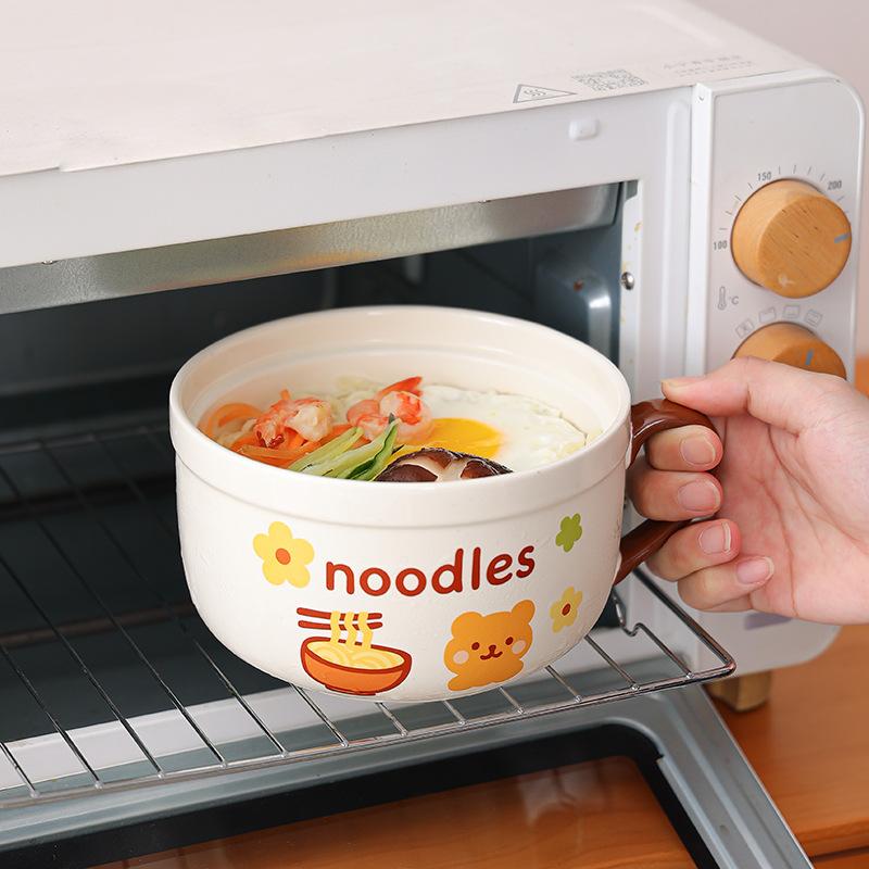 Ceramic Instant Noodle Bowl with Lid Spoon Soup Bowl Microwave Oven Student Dormitory Rice Bowl Instant Noodle Bowl Office Worker Bento Box