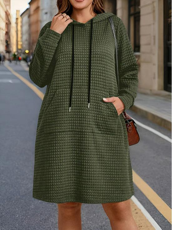 2025 Plus Size Women's Hooded Drawstring Dress - Solid Color, Long Sleeve, Autumn/Winter