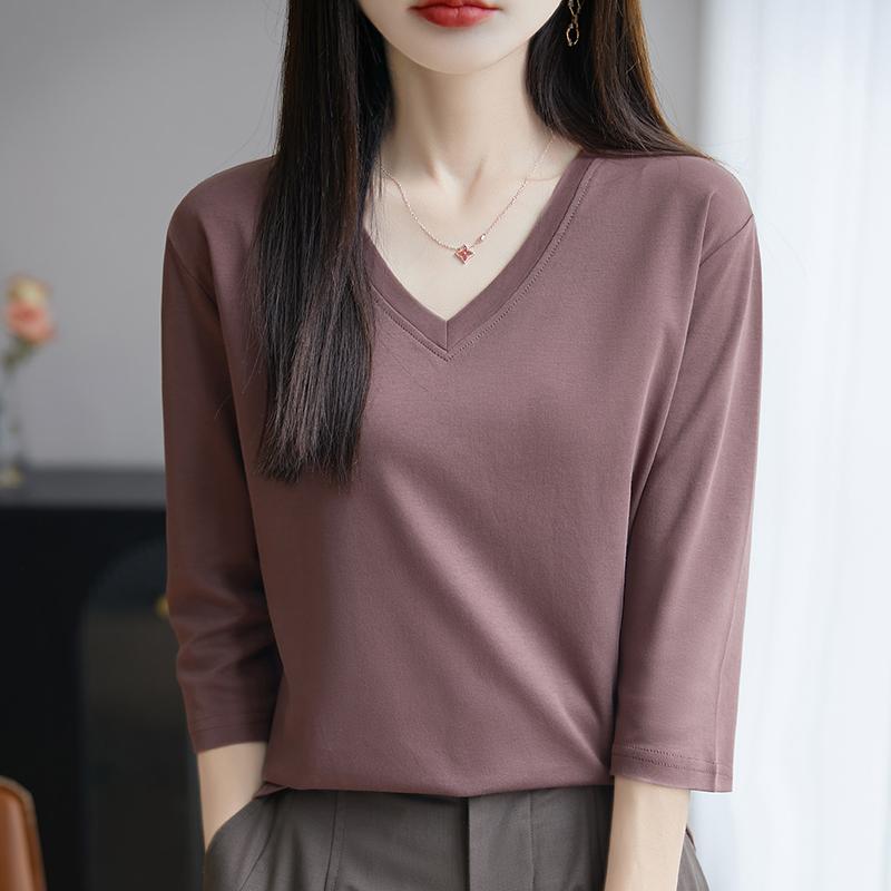 Spring Summer Cotton V-neck T-shirt Short-Sleeved Women's Half-Sleeve Bottoming Shirt High-End Cropped Sleeve Top