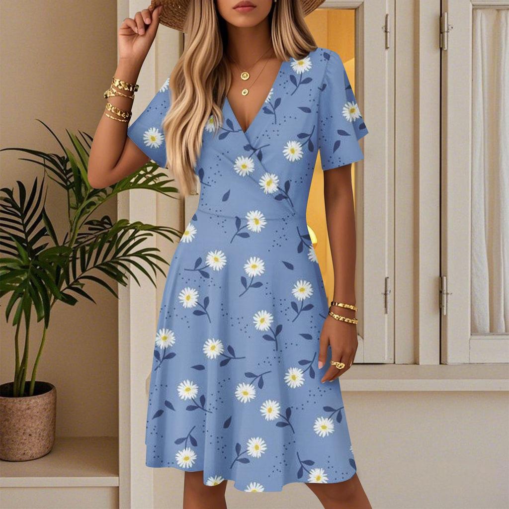 Damen Sommer Mode Blumenmuster Kleid Lässig Strand A-Linie V-Ausschnitt Lockeres Sommerkleid