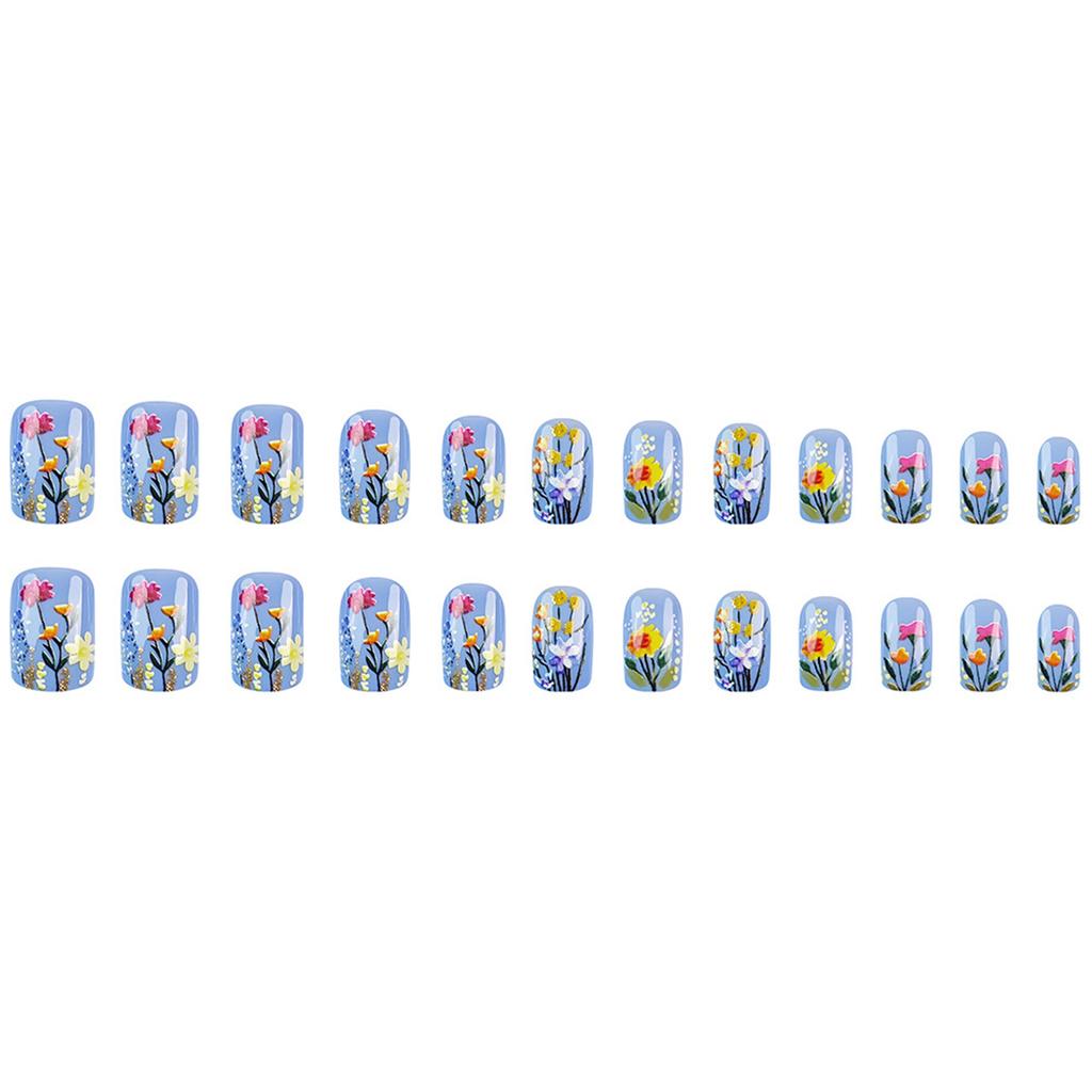 24 szt. Krótkie Naklejane Paznokcie Francuski Kwadrat Fioletowe Pełne Krycie Akrylowe Paznokcie z Floralnymi Wzorami dla Kobiet i Dziewcząt