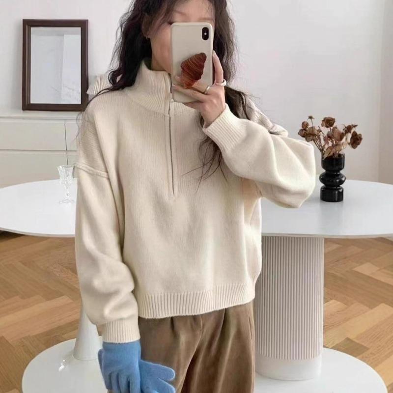 Autumn and Winter New Style Half Zipper Stand Collar Thick Design Knitted Sweater Lazy Style Sweater Jacket Top for Women