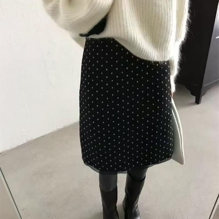 Korean Dongdaemun Autumn/Winter Polka Dot Lace Trim Wool Mid-Length Skirt