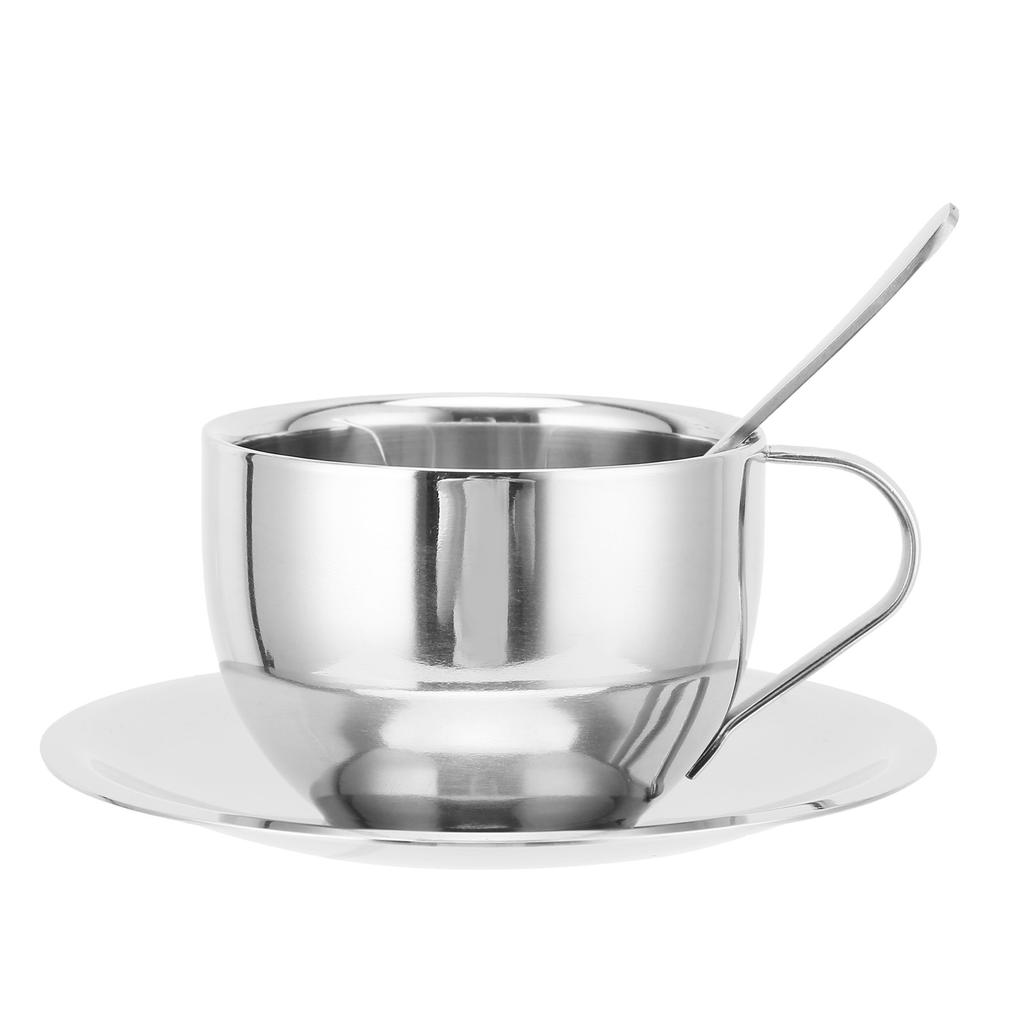 Kaffeetasse Edelstahl Doppelschicht Isolierung Milchbecher mit Löffel Untertasse Haushalt(Silber 180ML)