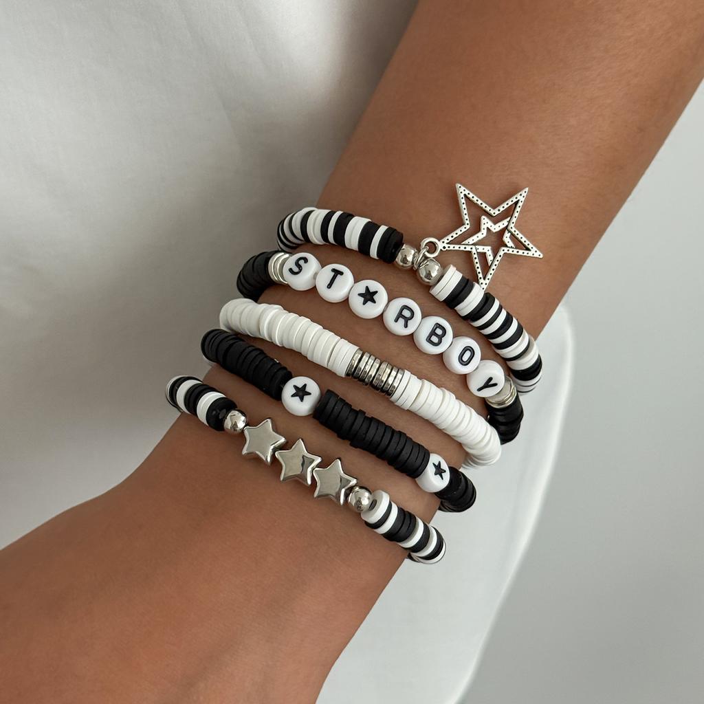 Creative Color-Block Alphabet Clay Stretch Bracelet-Stackable CCB Star Pendant Hand Jewelry Cute Daily Accessory for Fashion Lovers