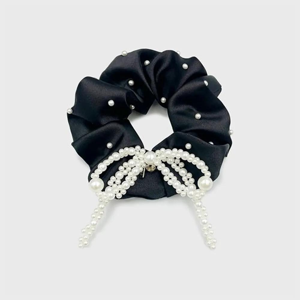 Pearl Ribbon Scrunchie JP-24-411S black