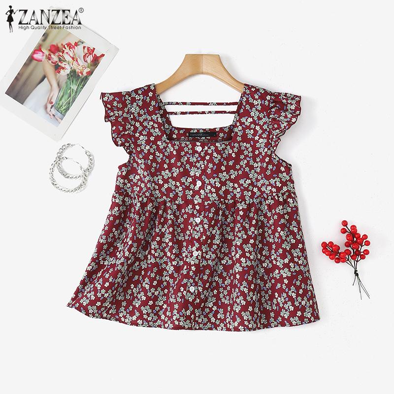 ZANZEA Women Casual Square Collar Cap Sleeve Summer Floral Blouse