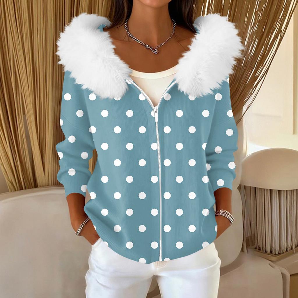 Women's Fashion Casual Sweater Zipper Print Cardigan Plush Hooded Jacket