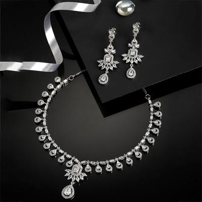 Rhodium Plated Silver Toned White American Diamond Studded Necklace With Earring Jewellery Set For Woment and Girl