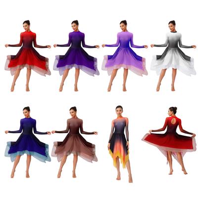 Lyrischer Tanzbody mit Schlüssellochausschnitt am Rücken und langen Mesh-Ärmeln Damen Farbverlaufs-Kleid Unregelmäßiger Saum für die Aufführung