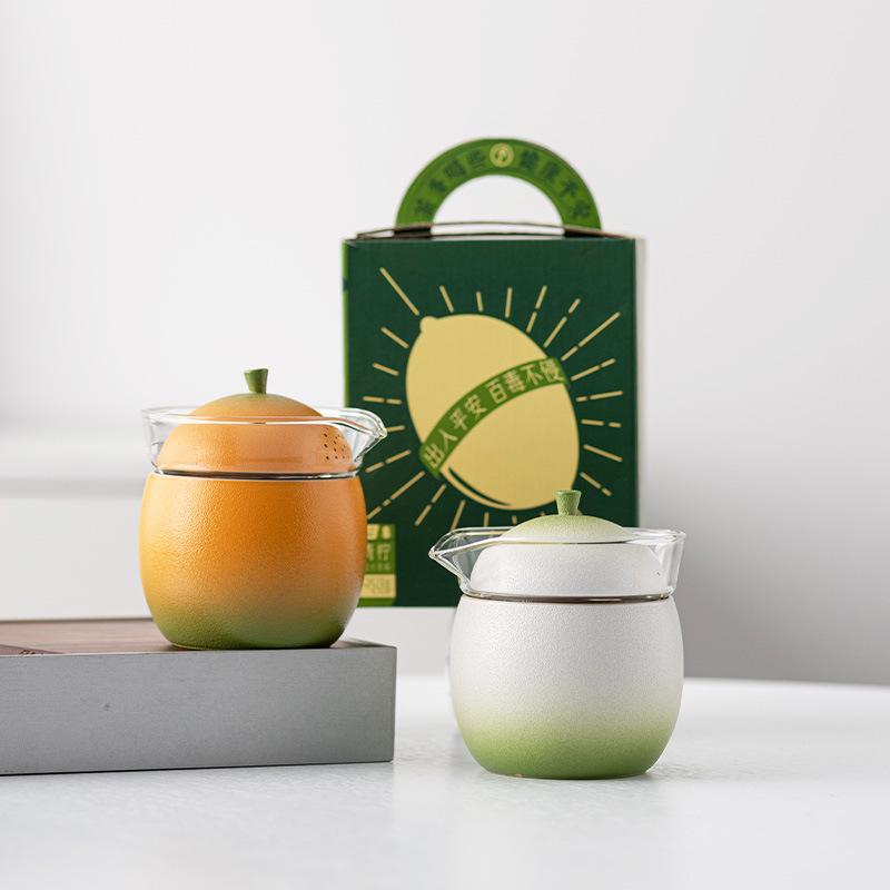 Lime travel tea set, one pot and two cups, Kuaike portable high-end business ceramic tea set, tea cup gift box, gift.