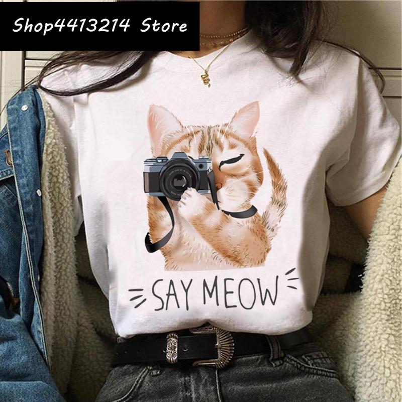 Cat Harajuku Funny Cartoon T Shirt Women Cute Anime Ullzang Tshirt Grunge Kawaii S Fashion Tshirt Korean Style Top Tee Female