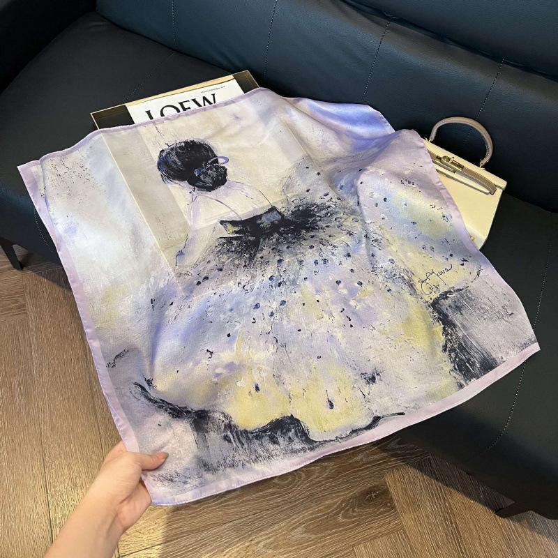 Fashion Black and White Printing Temperament Square Scarf Imitation Silk Korean Version Decorative Scarf Scarf Professional Decorative Shawl Silk Scar