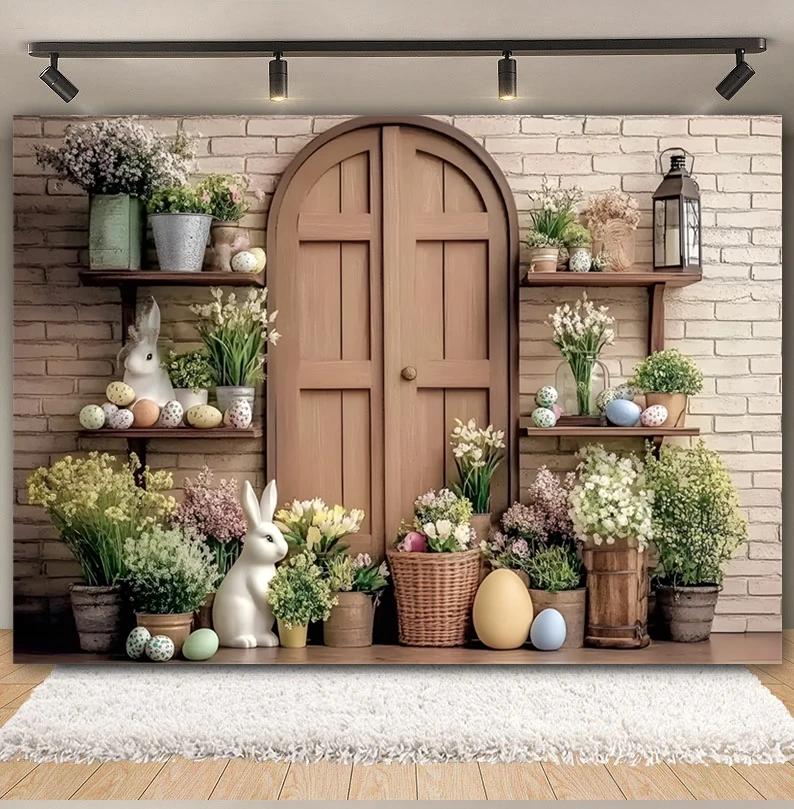 Easter white brick wall flower rabbit Easter egg shooting Backdrop spring flower wall children's birthday party banner Backdrop