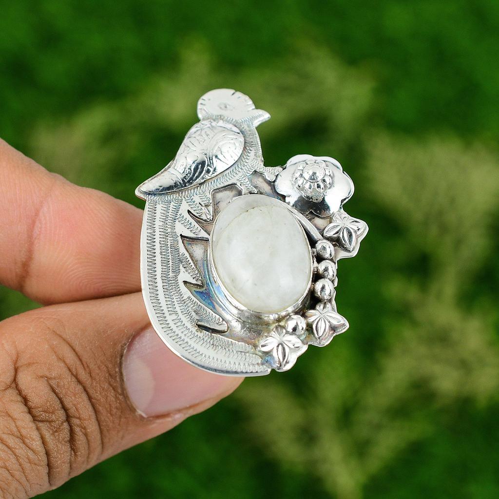 Natural Rainbow Moonstone Promise Bird Adjustable Ring 925 Silver For Girls