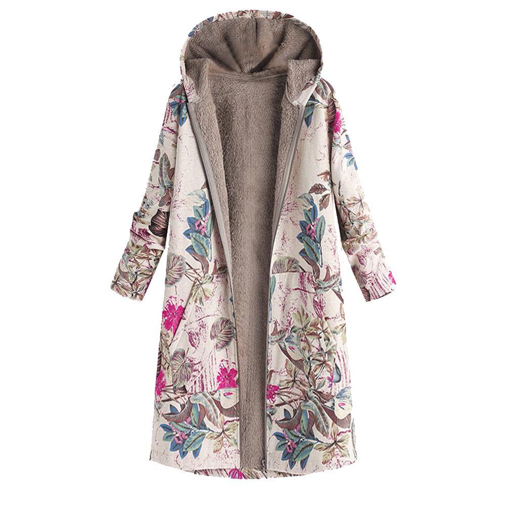  Womens Winter Warm Outwear Floral Print Hooded Pockets Vintage Oversize Coats