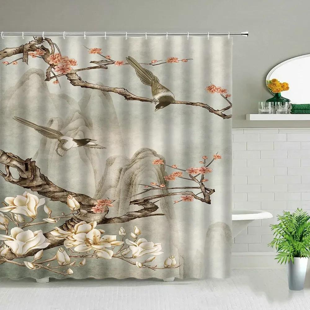 Chinese Style Ink painting Bamboo Landscape Shower Curtain Flower Bird Scenery Bathroom Waterproof Cloth Bath Curtains With Hook