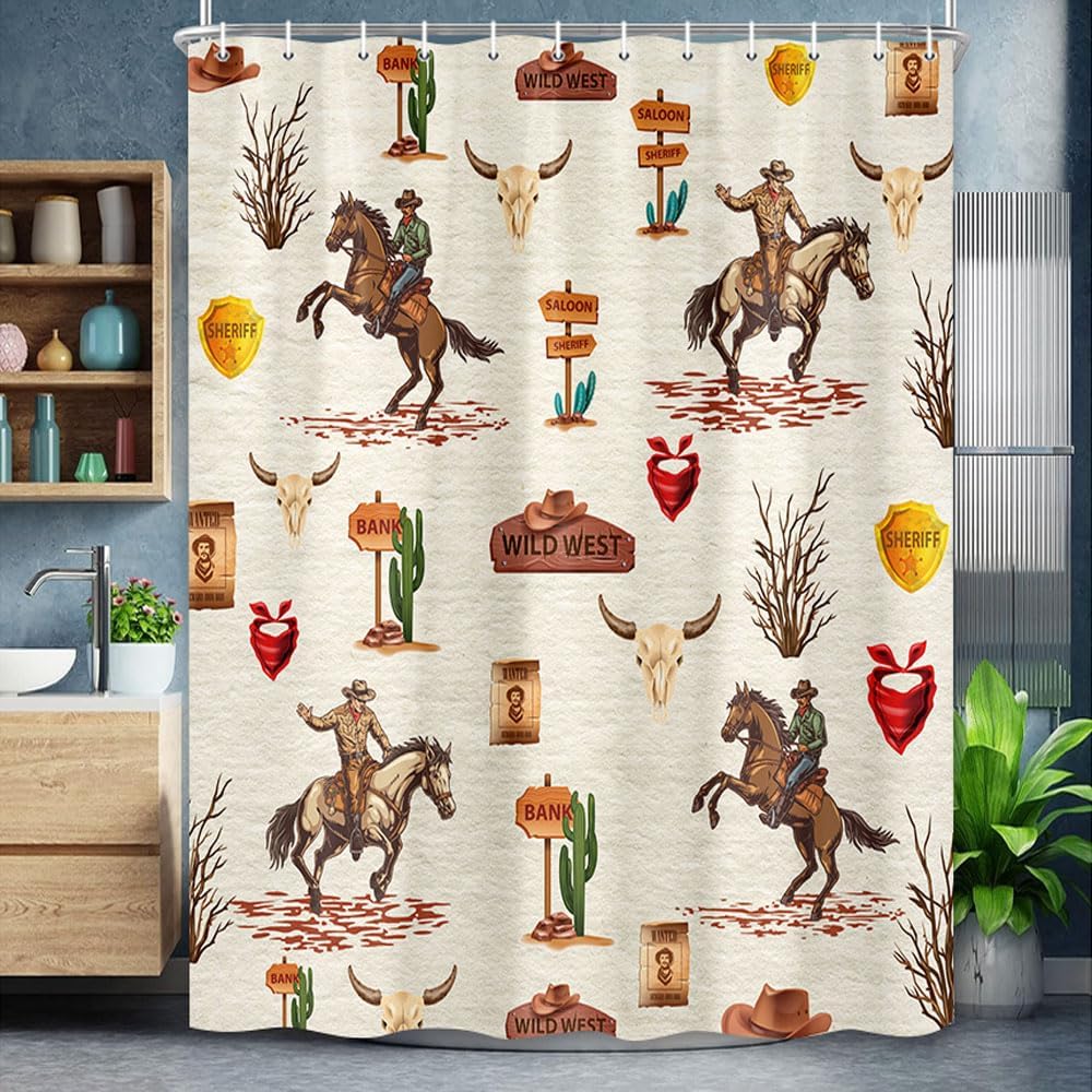Westlicher Cowboy-Duschvorhang, Bauernhaus Landhaus Badezimmer Dekor, Wüstenkaktus Wild West Cowboy reitet Pferd Duschvorhang Set