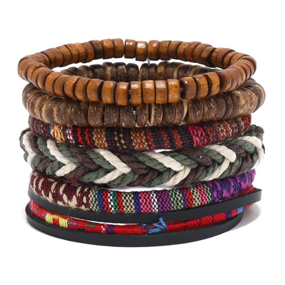 Braided Leather Bracelets for Men Vintage Life Tree Charm Wood Beads Ethnic Tribal Wristband Rope Bracelet Set
