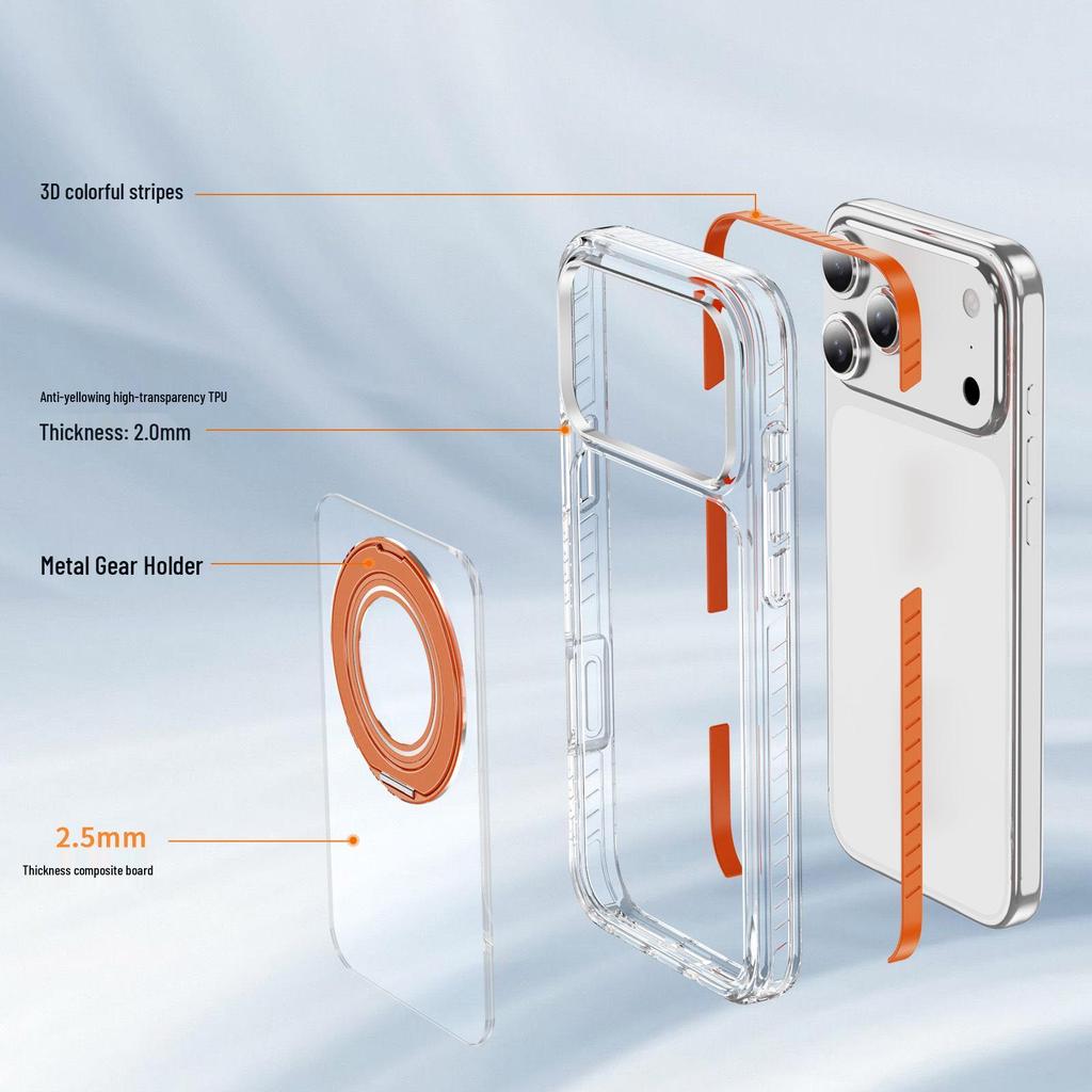 iPhone 17 Pro Max Magnetic Transparent Case with Two-Color Rotating Stand for Apple 16/15 Pro
