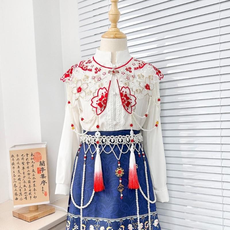 Traditional Chinese Styles Embroidery Collar Tassels Pearls Detachable Cloud Cape Decorative Collar Costume Accessory