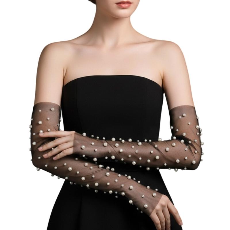 

Fingerless Bridal Gloves Artificial Pearls Arm Sleeves Armwear for Formal Occasion Wedding Ceremony Dressingup Accessory 1 чорний