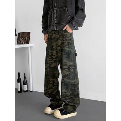 Splicing Camouflage Workwear Jeans Men's Loose Straight Leg High Street Casual Pants