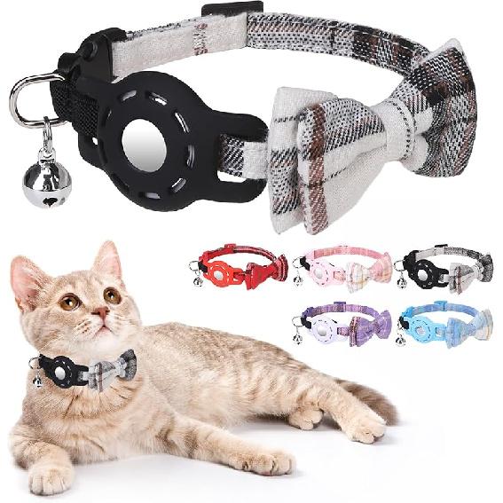 Airtag Cat Collar with Bells and Bowtie -Safety Elastic Band Kitten Collar for Apple Air Tag Holder- Cute GPS Cat Tracker Collars for Girl Boy Cats