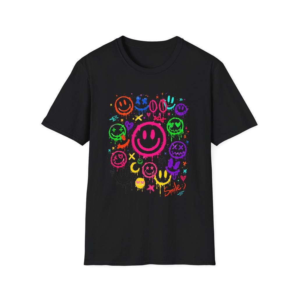 Smiley Face T-Shirt Colorful Graffiti Neon Doodle Happy Gift Tee