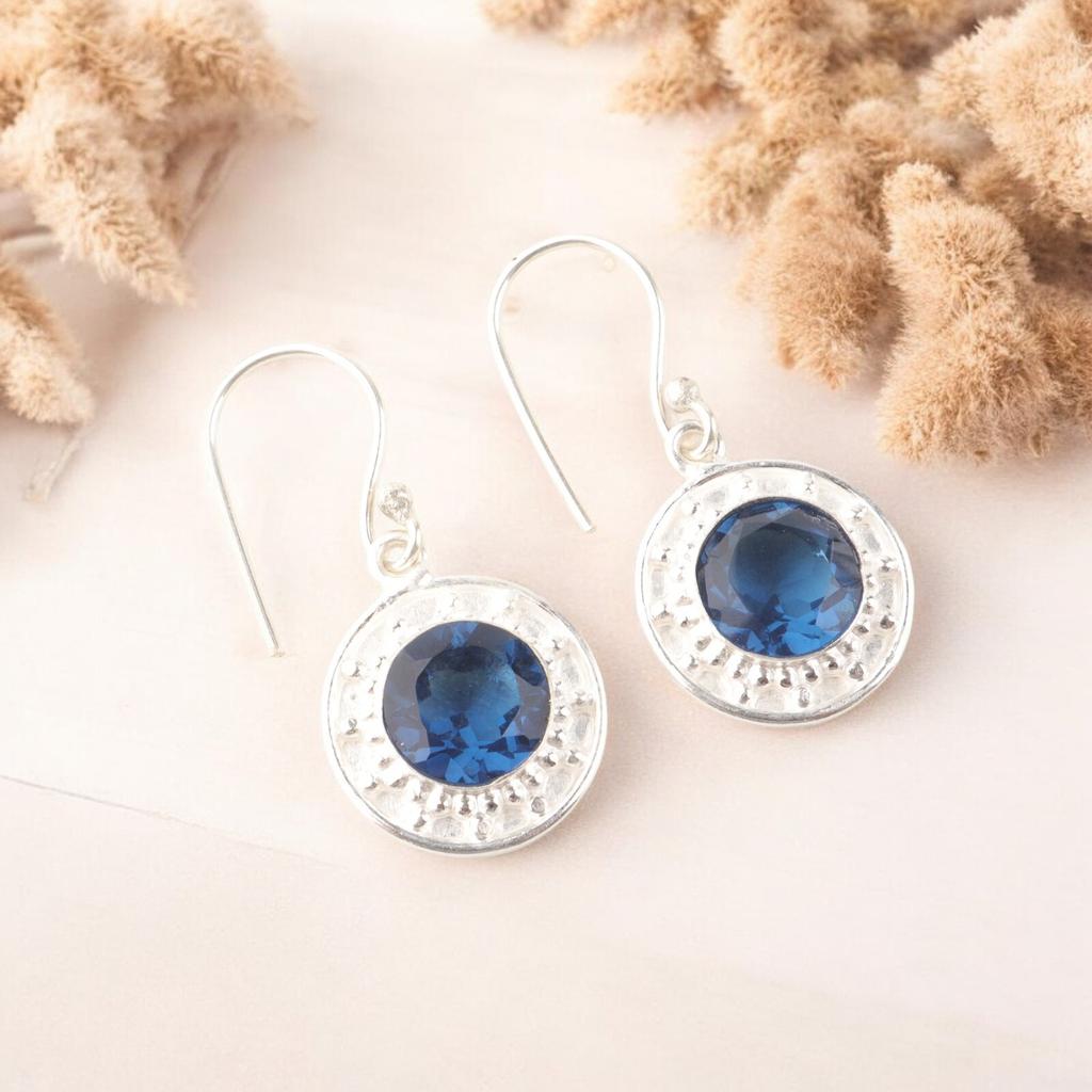 Round Shape London Blue Topaz Gemstone 925 Sterling Silver Drop Earrings 1.5" EE-153-8