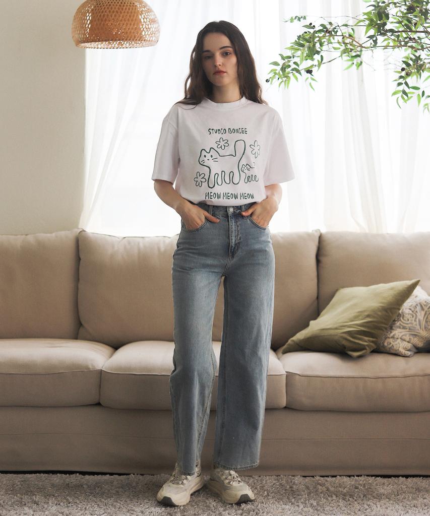 BONIEE Meow Cat Kitten Graphic Loose Oversized T-Shirt White