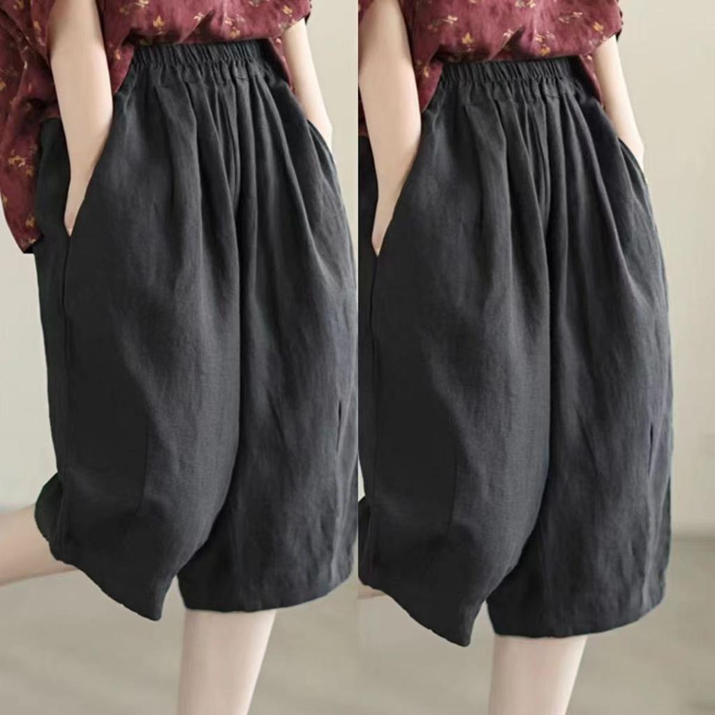 Women's Fashion Casual Loose Solid Colour High Waisted Elastic Waisted Haren Five Points Pants
